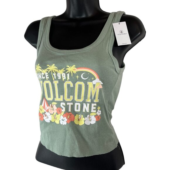 Volcom Tank Top Cut Off Beach Moon Multicolor Graphic Print Green Tank Top XS - Picture 2 of 7